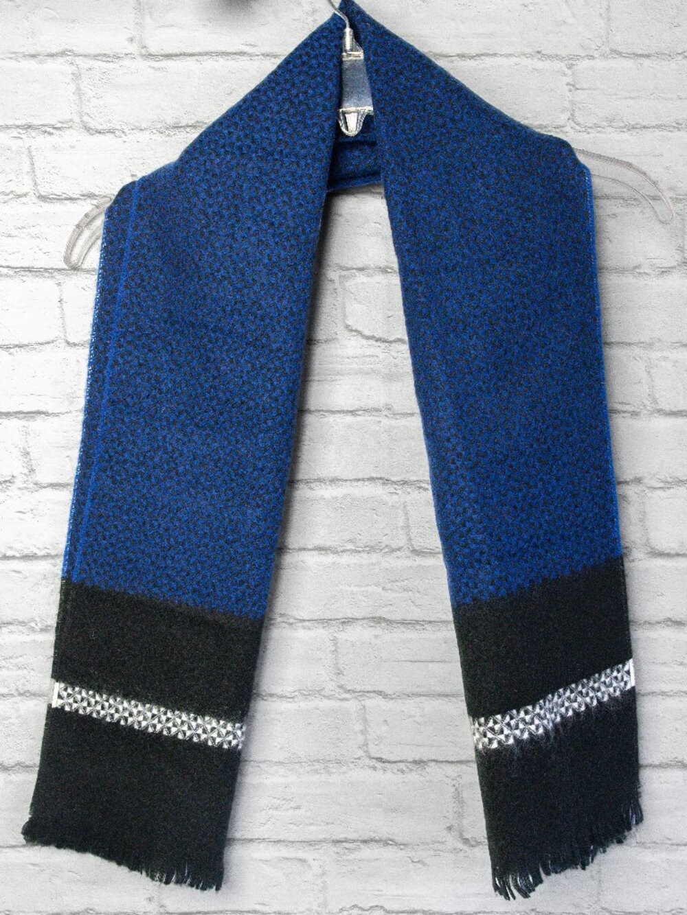 100% Cashmere Royal Blue Geometric Print Scarf, Made in England
